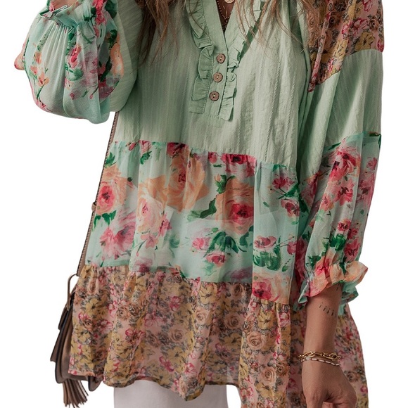 Green Printed Floral Patchwork Frilled Split
Neck Blouse Bohemian Top - Picture 12 of 16